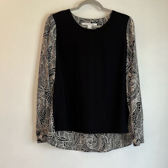Diane VonFurstenberg Long Sleeve Silk Blouse Size 6 Black White Abstract Print - Picture 1 of 5